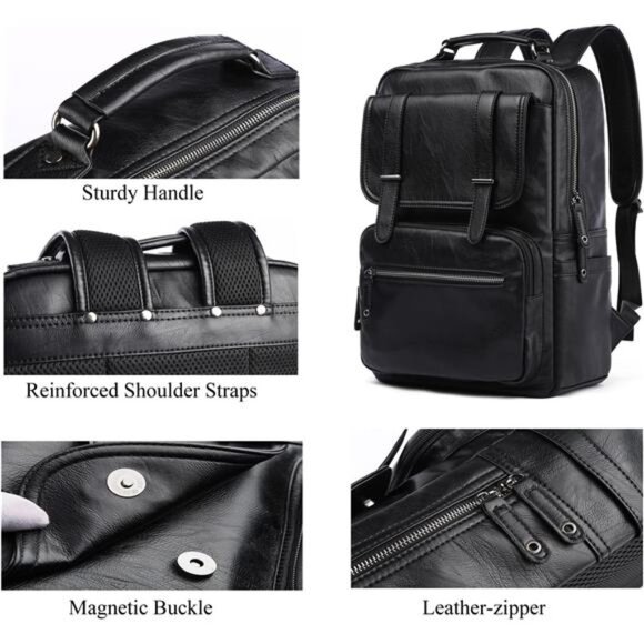 Black Leather Backpack with USB Charging Port - Picture 3 of 7